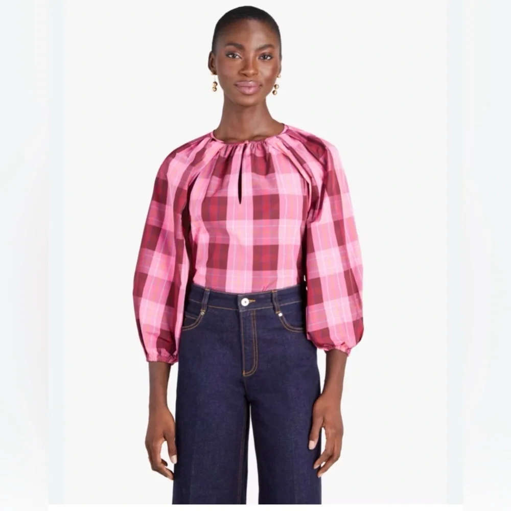 Kate Spade New York Greenhouse Plaid Taffeta Blouse Pink Maroon – XS